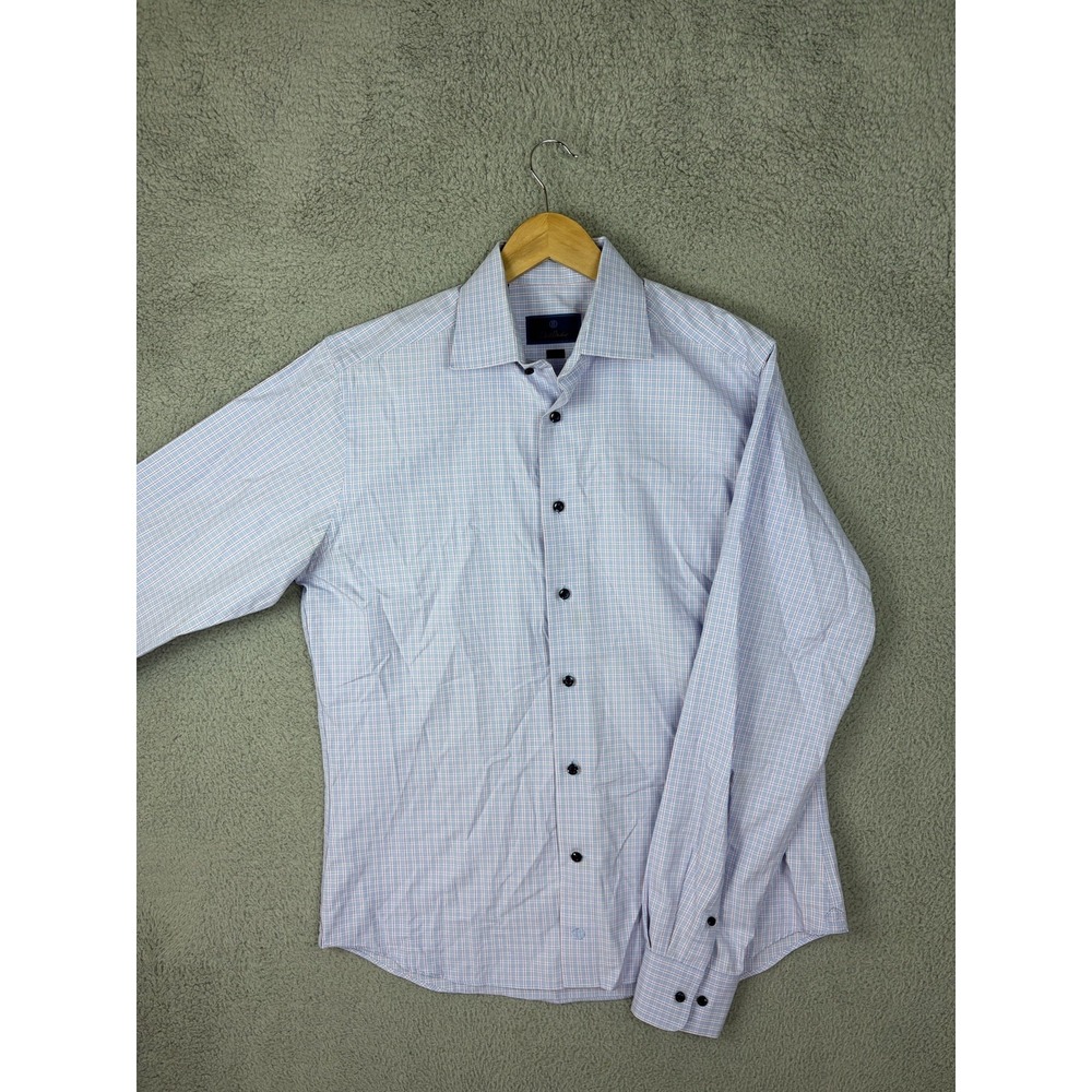 David Donahue Shirt Mens 16 36/37 Blue Check Cotton Slim Fit Dress Long Sleeve